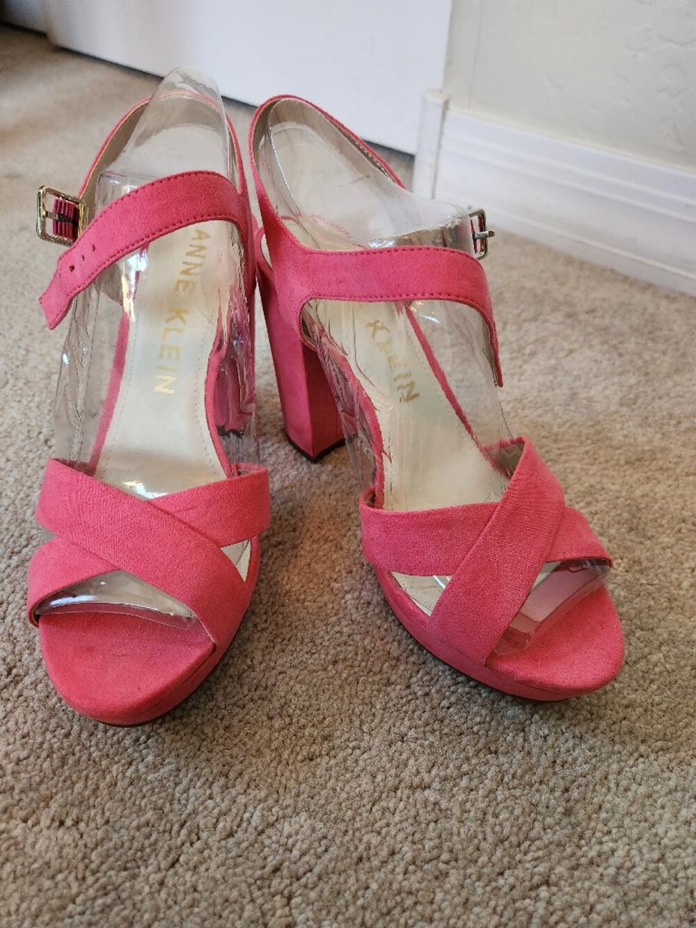 Crushed velvet, pink, strappy heels.
